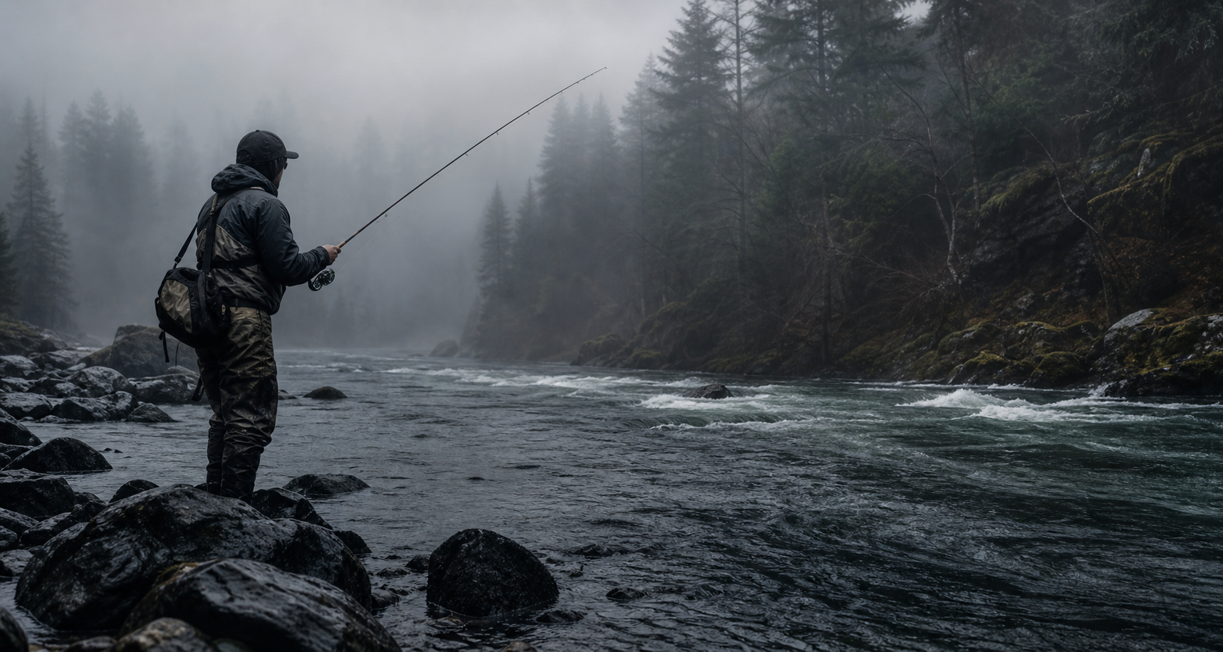 Angler am stillen Fluss im Morgenlicht